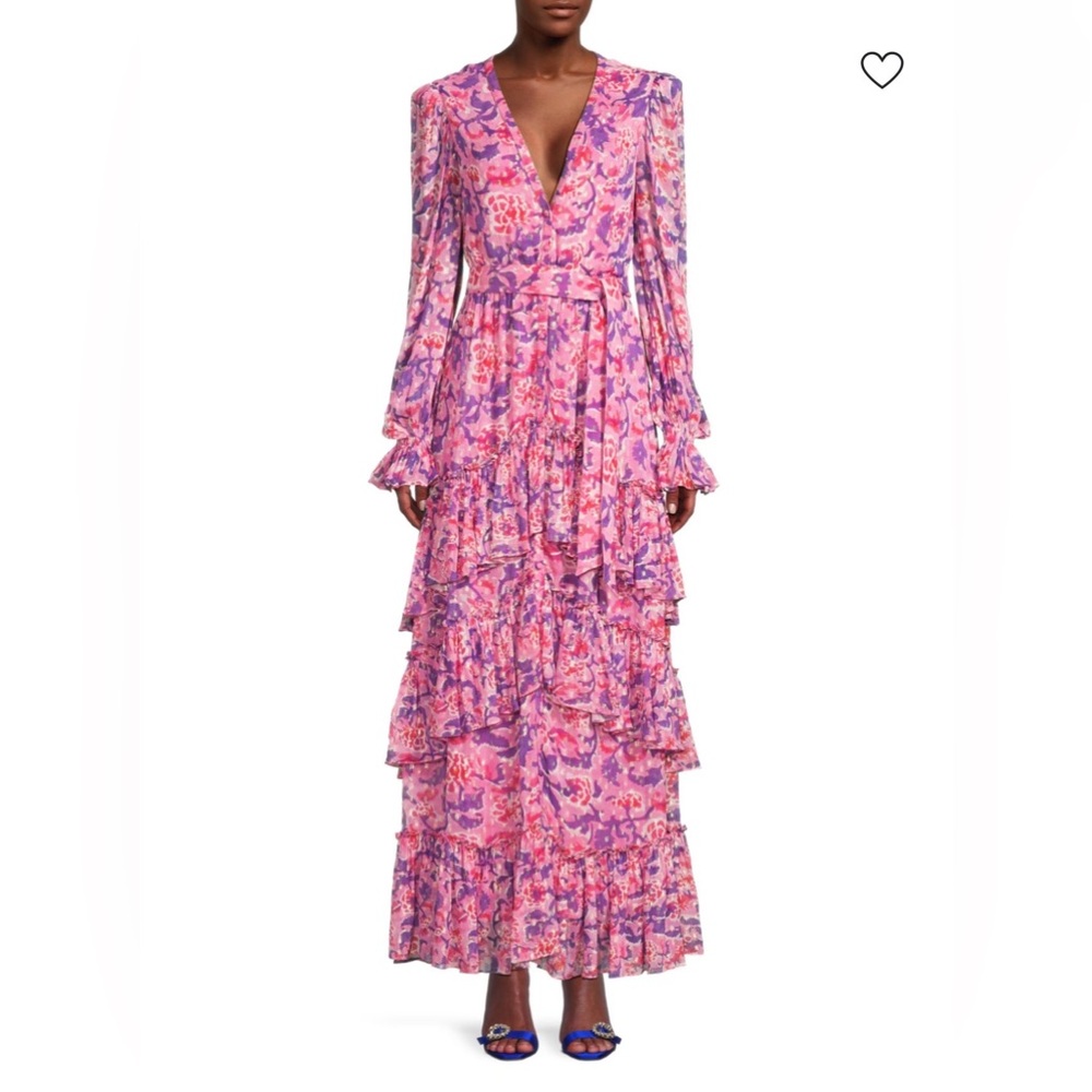 Rococo Sand Floral Ruffle Tiered A-Line Silhouette Tiered Maxi Dress size Small